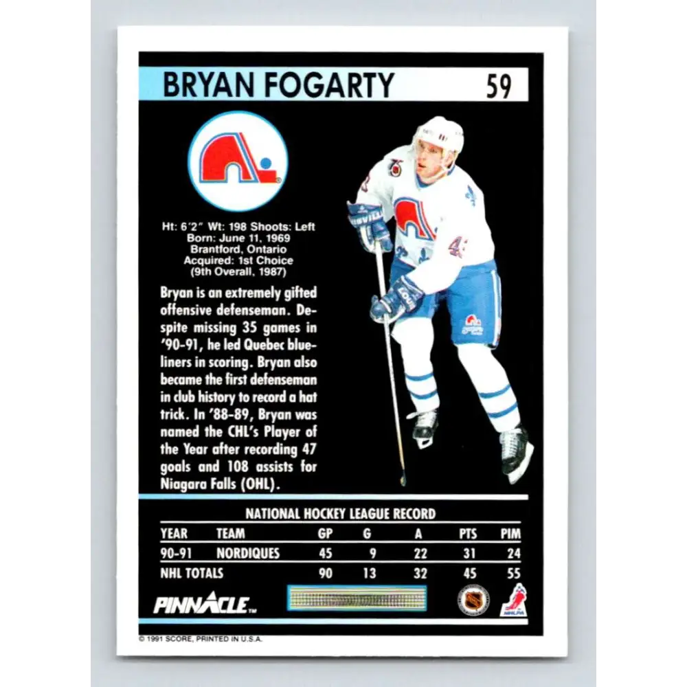 1991-92 Pinnacle #59 Bryan Fogarty NM-MT Quebec Nordiques Hockey Card Image 2