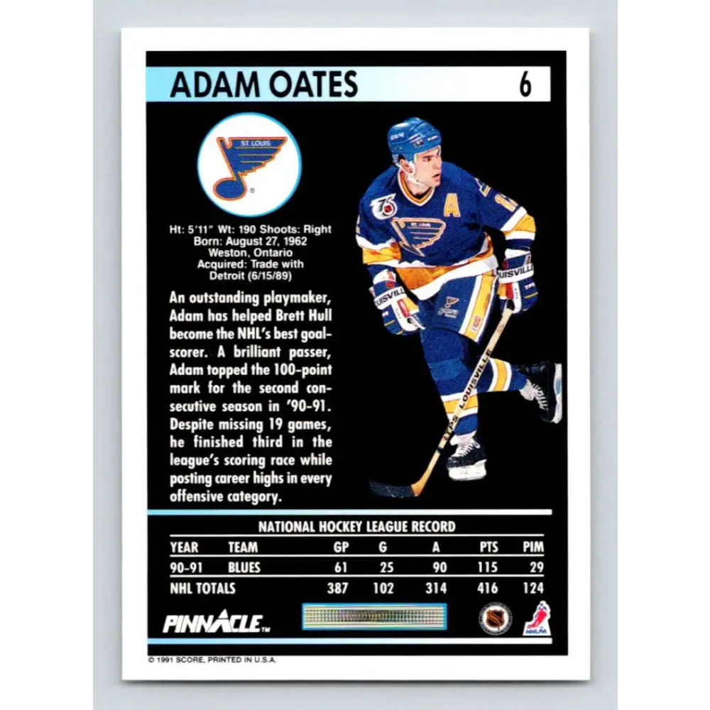 1991-92 Pinnacle #6 Adam Oates NM-MT St. Louis Blues Hockey Card Image 2