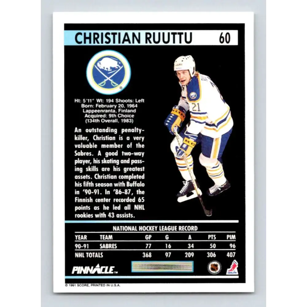 1991-92 Pinnacle #60 Christian Ruuttu NM-MT Buffalo Sabres Hockey Card Image 2