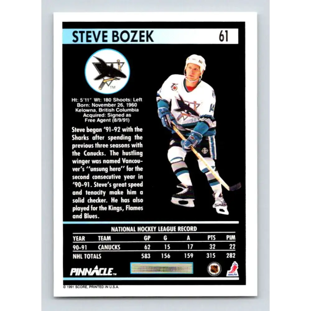 1991-92 Pinnacle #61 Steve Bozek NM-MT San Jose Sharks Hockey Card Image 2