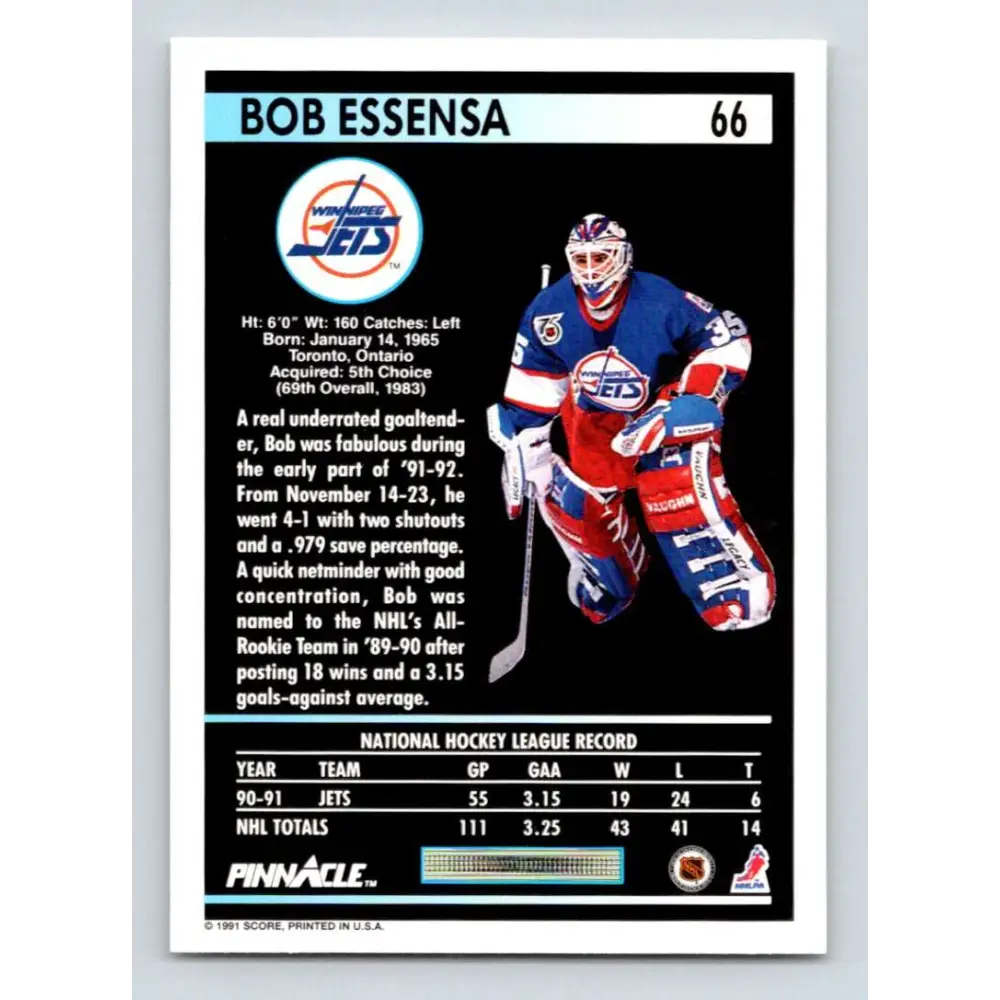 1991-92 Pinnacle #66 Bob Essensa NM-MT Winnipeg Jets Hockey Card Image 2