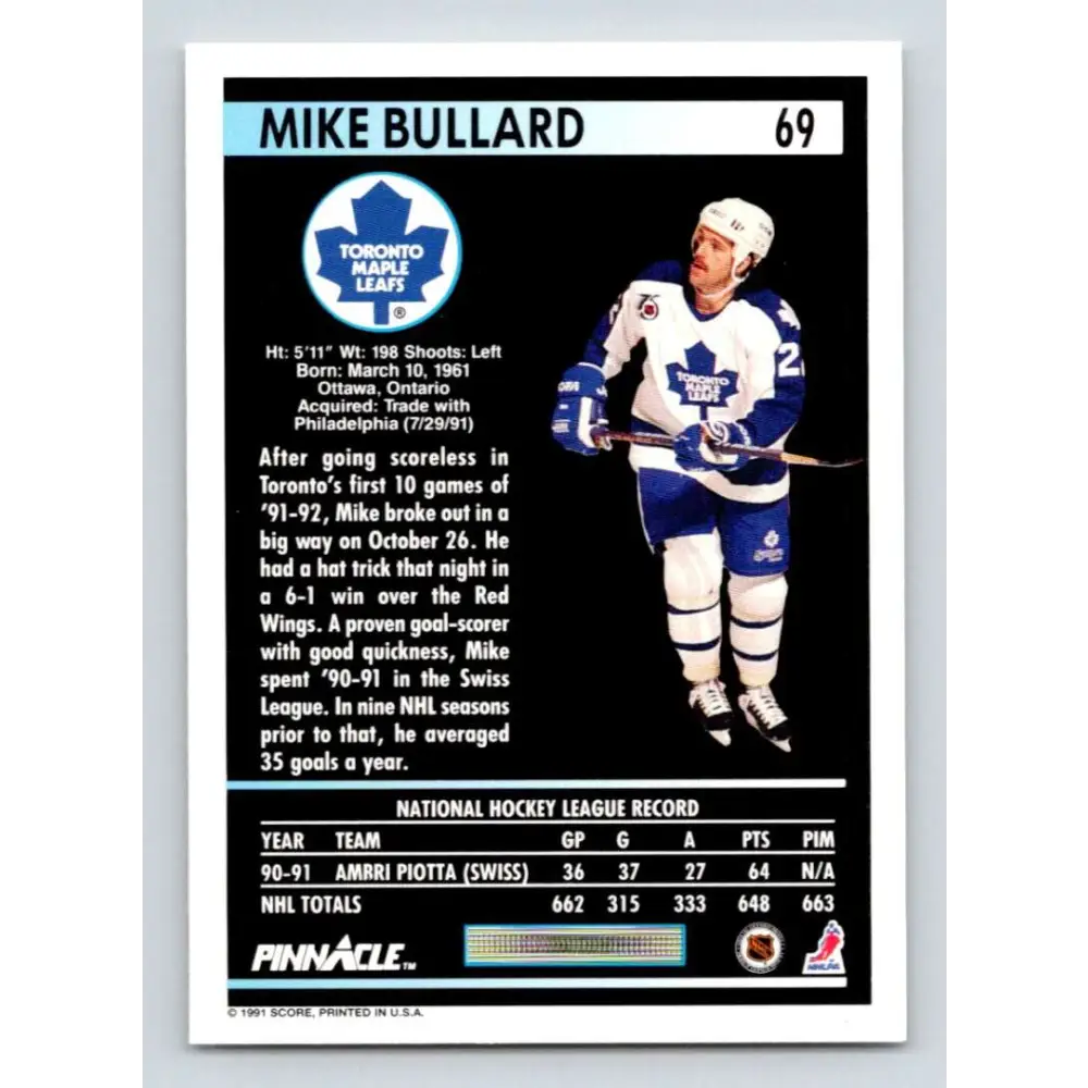 1991-92 Pinnacle #69 Mike Bullard NM-MT Toronto Maple Leafs Hockey Card Image 2