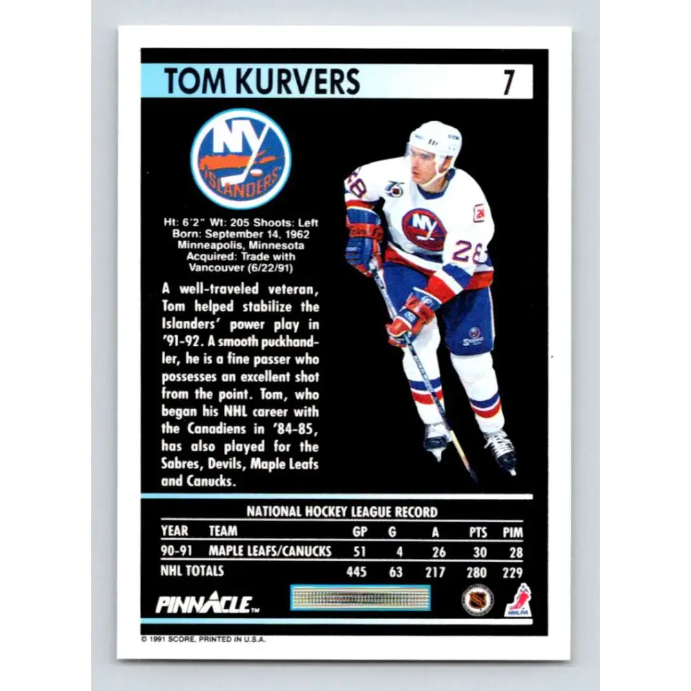 1991-92 Pinnacle #7 Tom Kurvers NM-MT New York Islanders Hockey Card Image 2