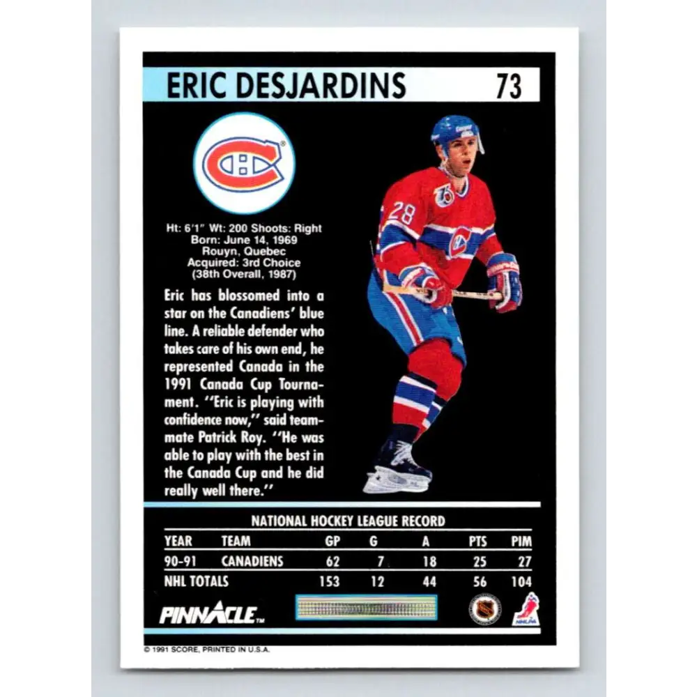 1991-92 Pinnacle #73 Eric Desjardins NM-MT Montreal Canadiens Hockey Card Image 2