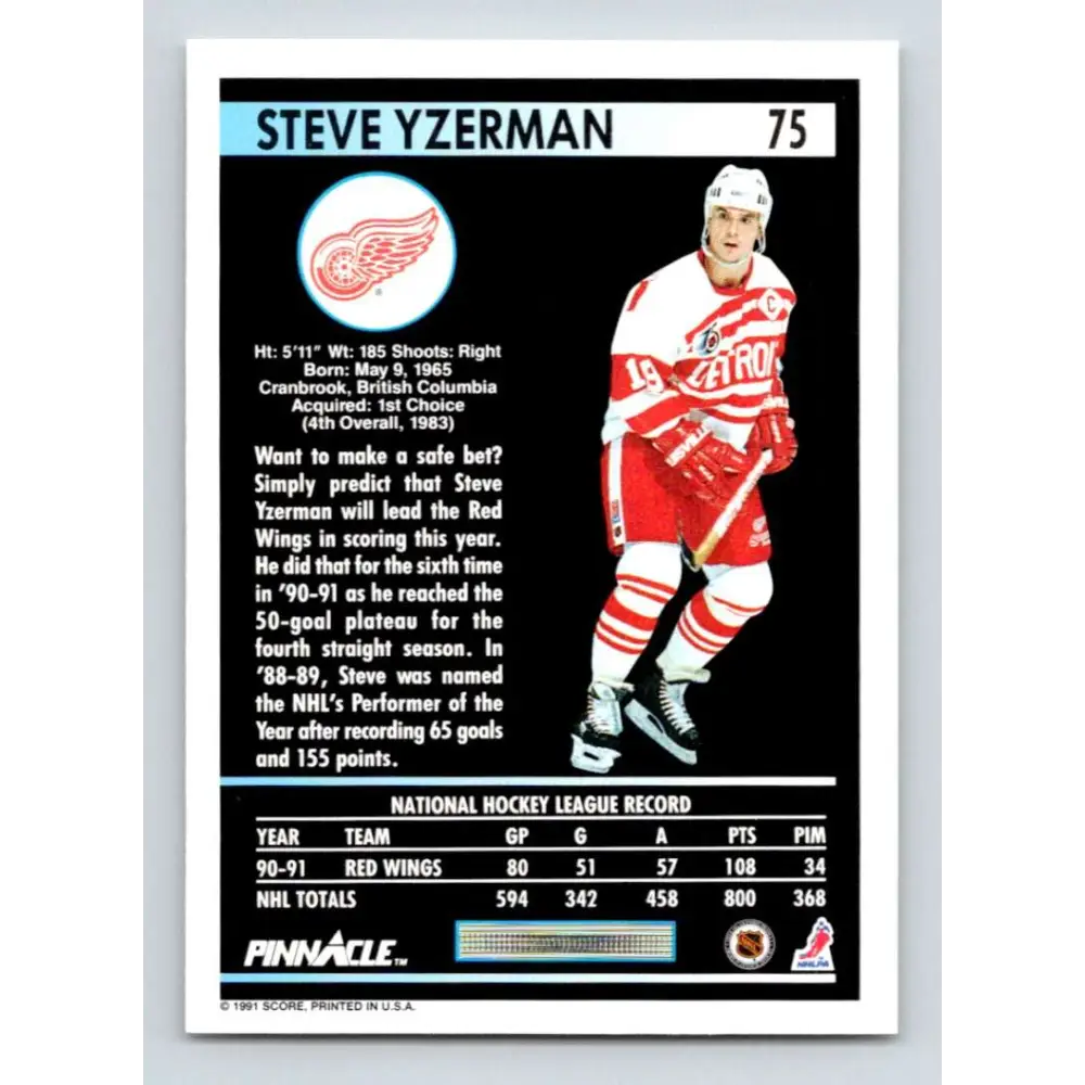 1991-92 Pinnacle #75 Steve Yzerman NM-MT Detroit Red Wings Hockey Card Image 2
