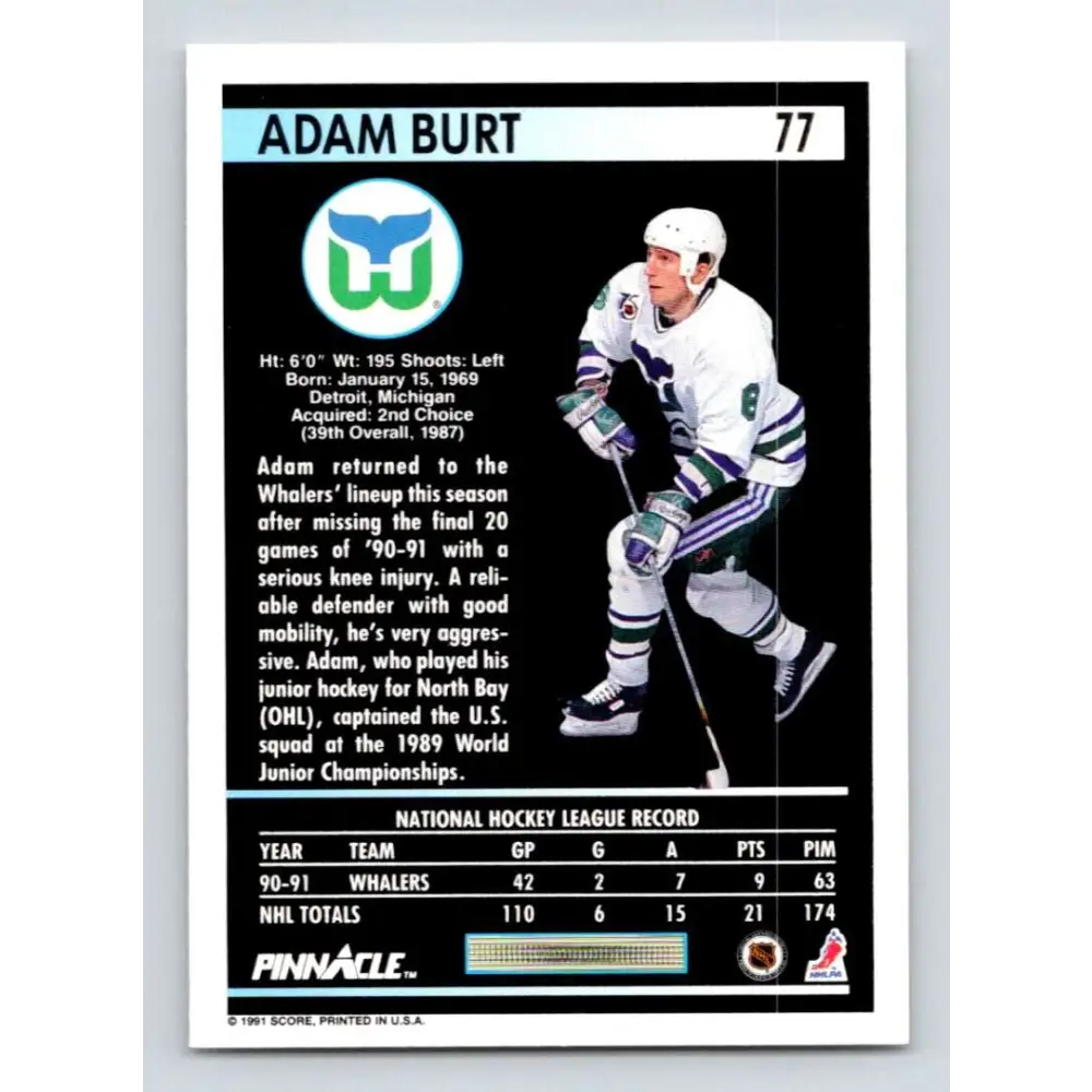 1991-92 Pinnacle #77 Adam Burt NM-MT Hartford Whalers Hockey Card Image 2