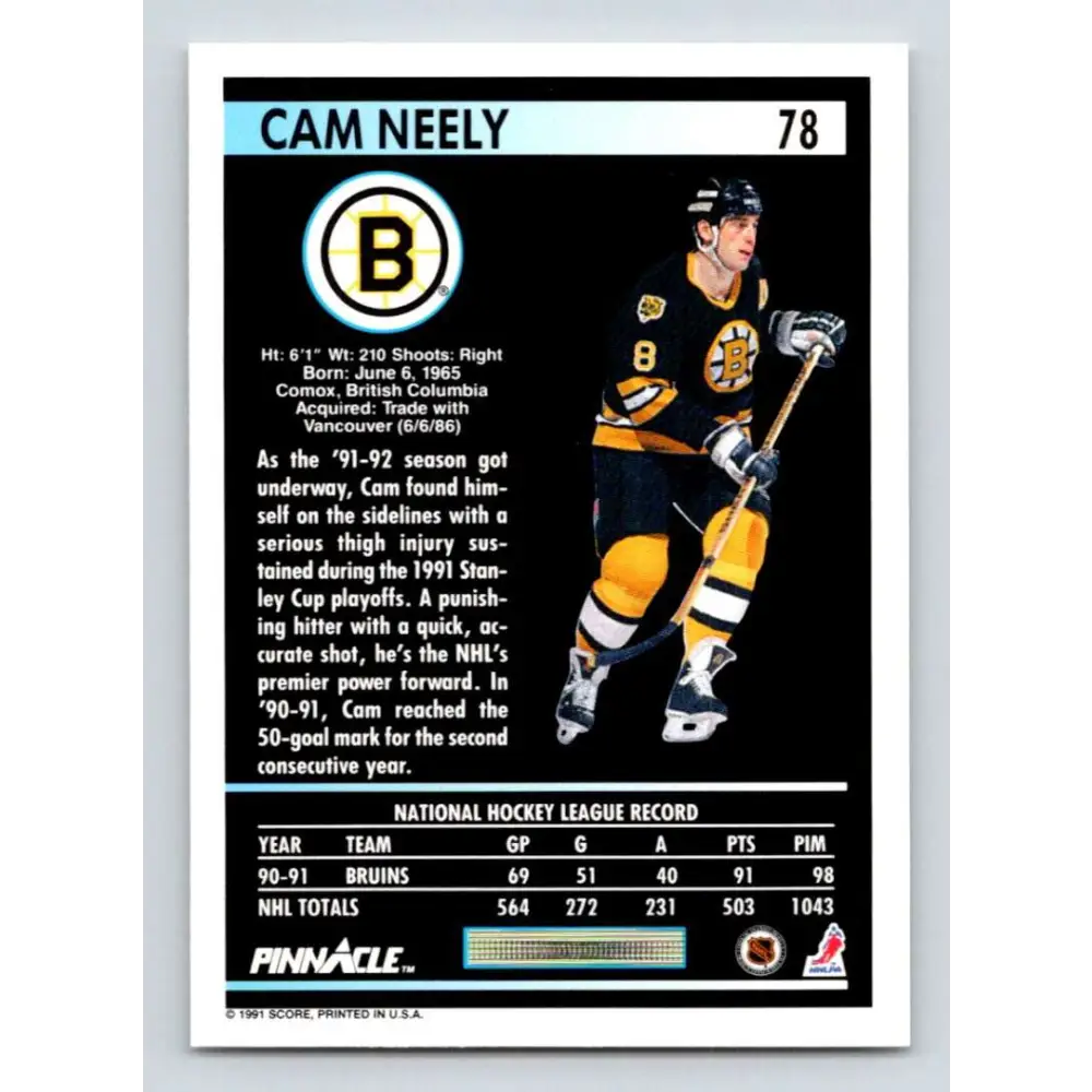 1991-92 Pinnacle #78 Cam Neely NM-MT Boston Bruins Hockey Card Image 2