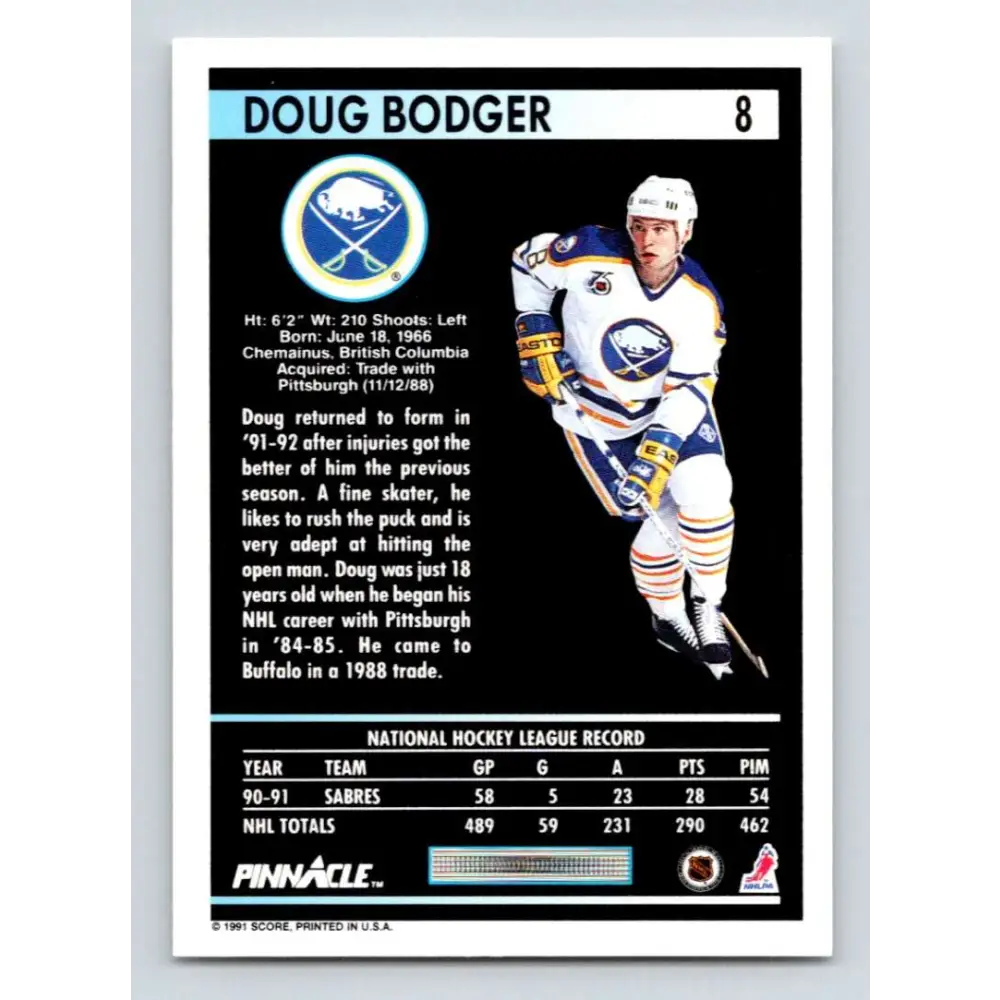 1991-92 Pinnacle #8 Doug Bodger NM-MT Buffalo Sabres Hockey Card Image 2