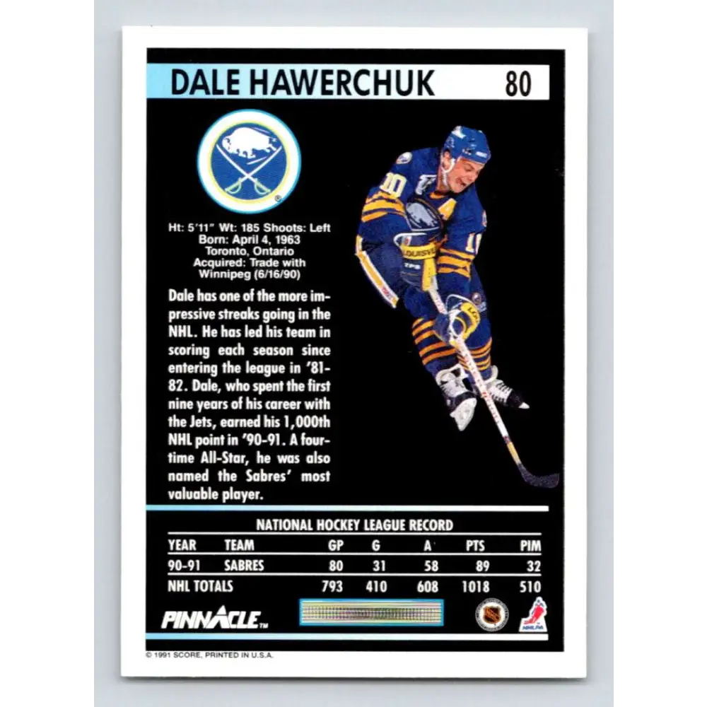 1991-92 Pinnacle #80 Dale Hawerchuk NM-MT Buffalo Sabres Hockey Card Image 2