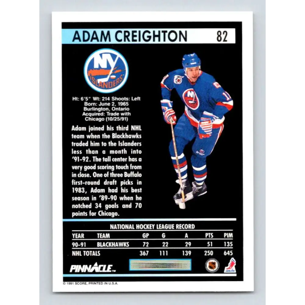 1991-92 Pinnacle #82 Adam Creighton NM-MT New York Islanders Hockey Card Image 2