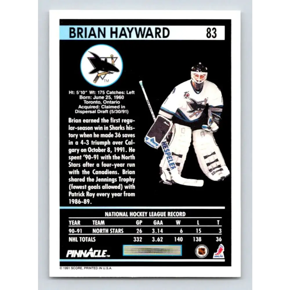 1991-92 Pinnacle #83 Brian Hayward NM-MT San Jose Sharks Hockey Card Image 2