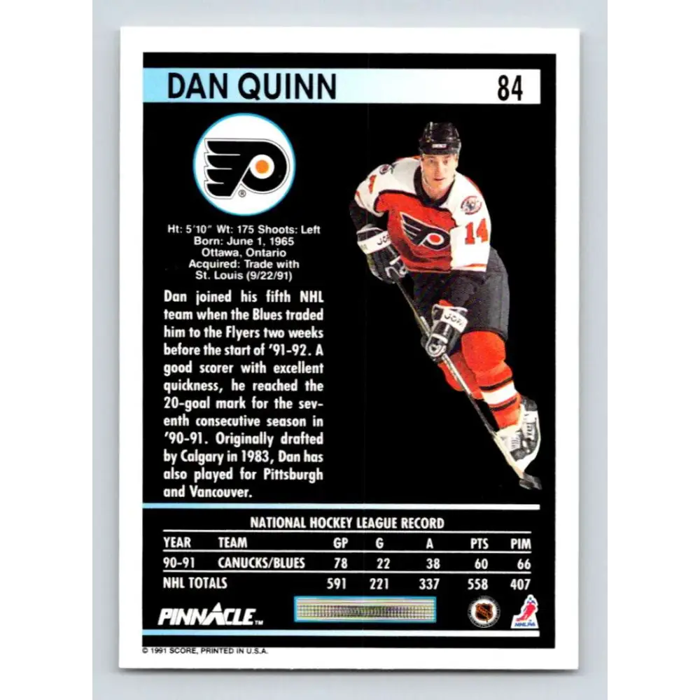 1991-92 Pinnacle #84 Dan Quinn NM-MT Philadelphia Flyers Hockey Card Image 2