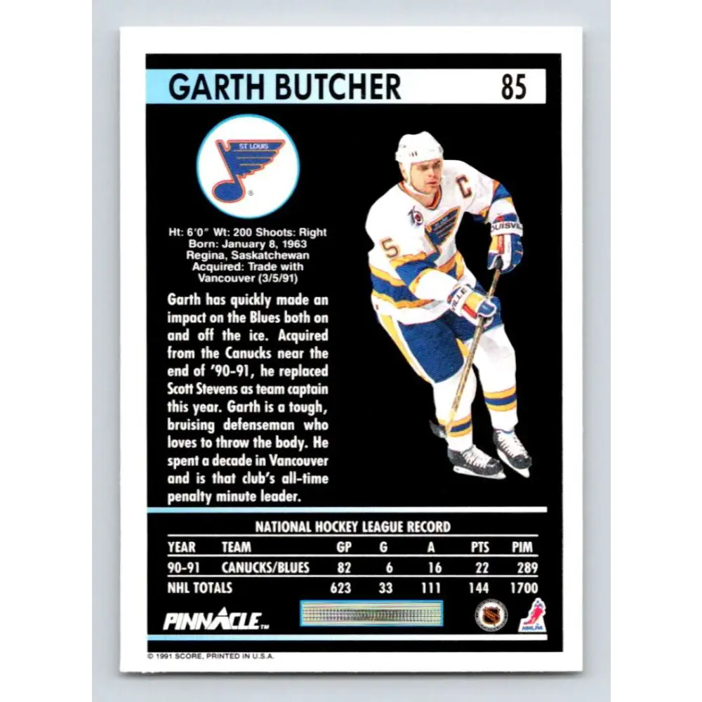 1991-92 Pinnacle #85 Garth Butcher NM-MT St. Louis Blues Hockey Card Image 2