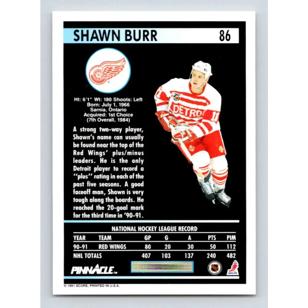 1991-92 Pinnacle #86 Shawn Burr NM-MT Detroit Red Wings Hockey Card Image 2