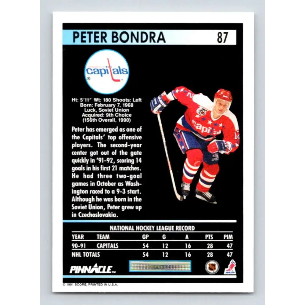 1991-92 Pinnacle #87 Peter Bondra NM-MT Washington Capitals Hockey Card Image 2