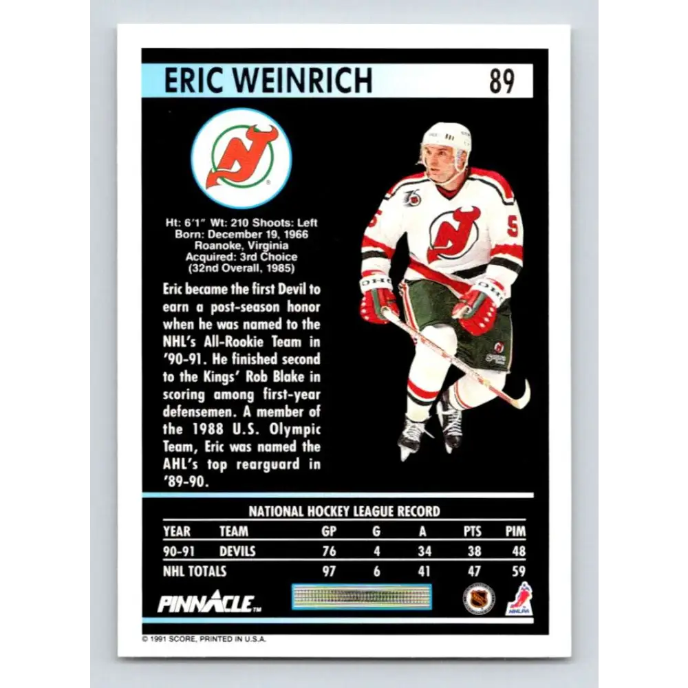 1991-92 Pinnacle #89 Eric Weinrich NM-MT New Jersey Devils Hockey Card Image 2