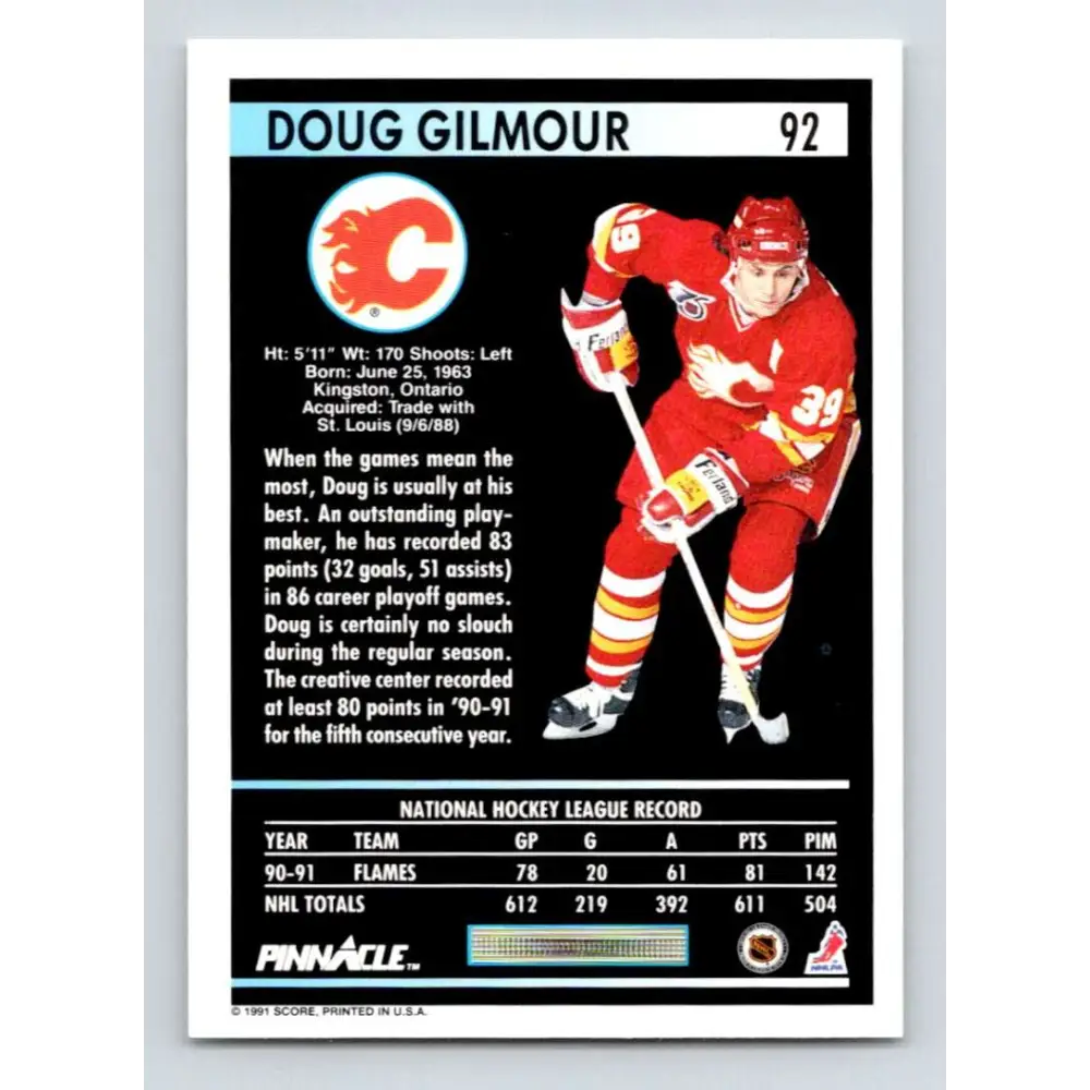 1991-92 Pinnacle #92 Doug Gilmour NM-MT Calgary Flames Hockey Card Image 2