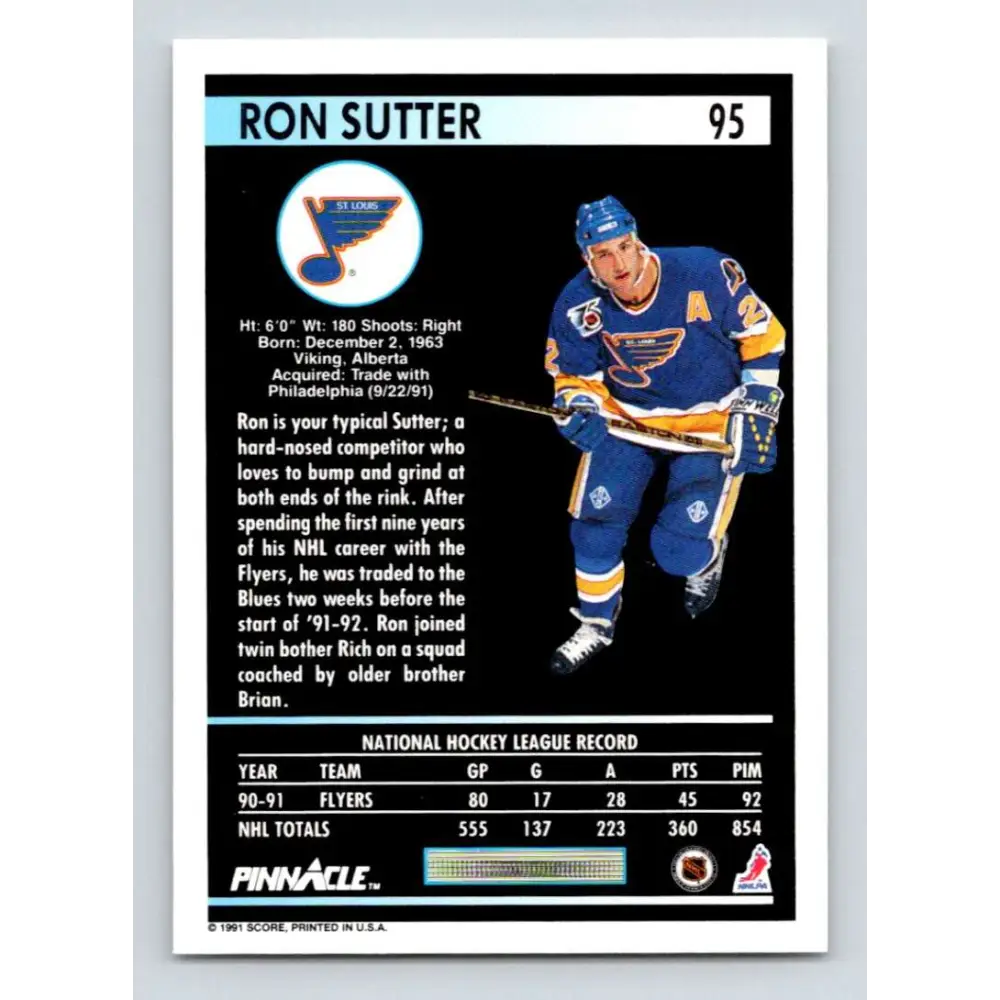 1991-92 Pinnacle #95 Ron Sutter NM-MT St. Louis Blues Hockey Card Image 2