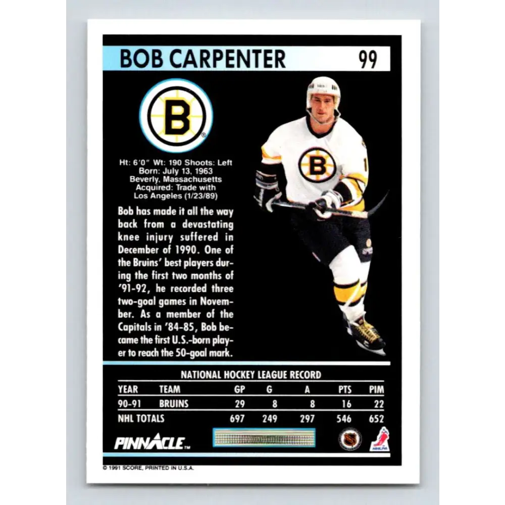 1991-92 Pinnacle #99 Bob Carpenter NM-MT Boston Bruins Hockey Card Image 2