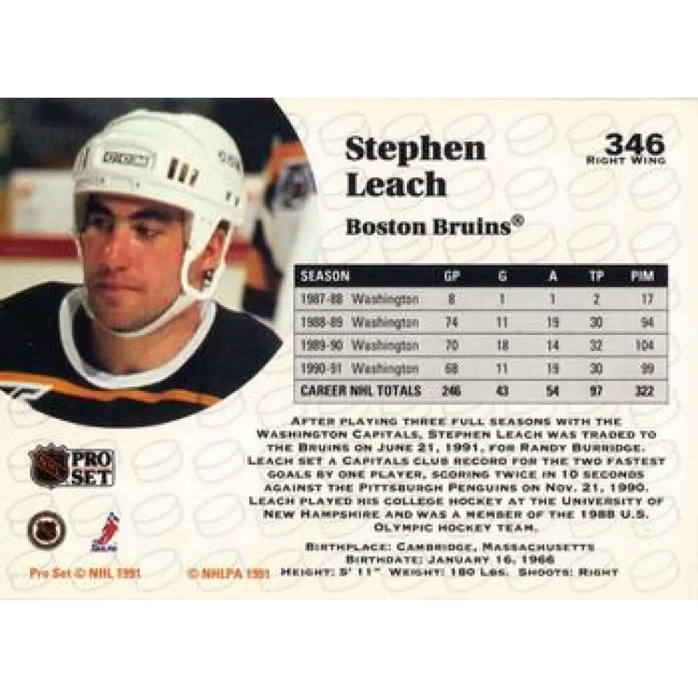 1991-92 Pro Set #346 Stephen Leach NM-MT Boston Bruins Hockey Card Image 2