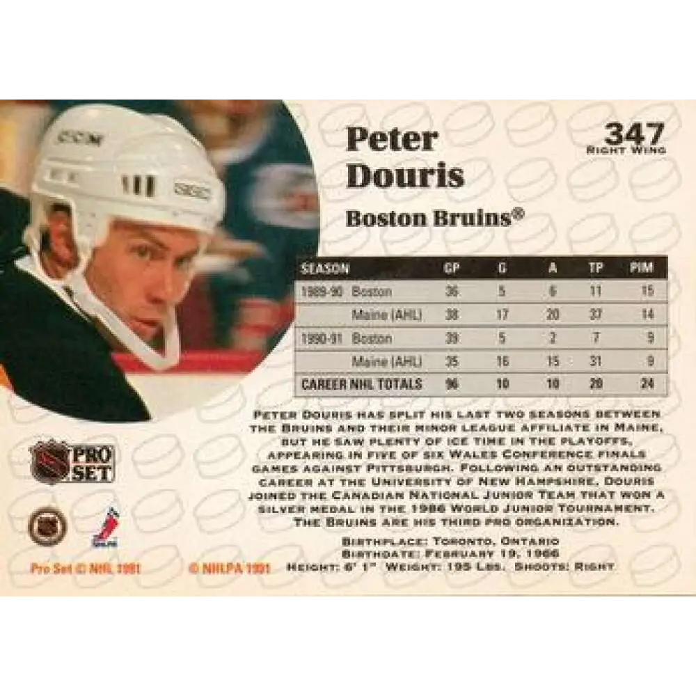 1991-92 Pro Set #347 Peter Douris NM-MT Boston Bruins Hockey Card Image 2