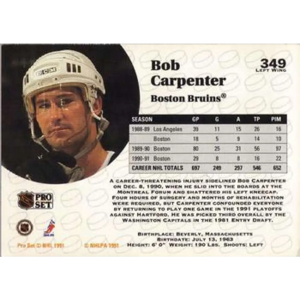 1991-92 Pro Set #349 Bob Carpenter NM-MT Boston Bruins Hockey Card Image 2