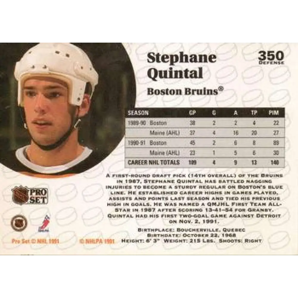 1991-92 Pro Set #350 Stephane Quintal NM-MT Boston Bruins Hockey Card Image 2