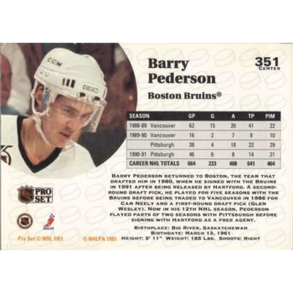 1991-92 Pro Set #351 Barry Pederson NM-MT Boston Bruins Hockey Card Image 2
