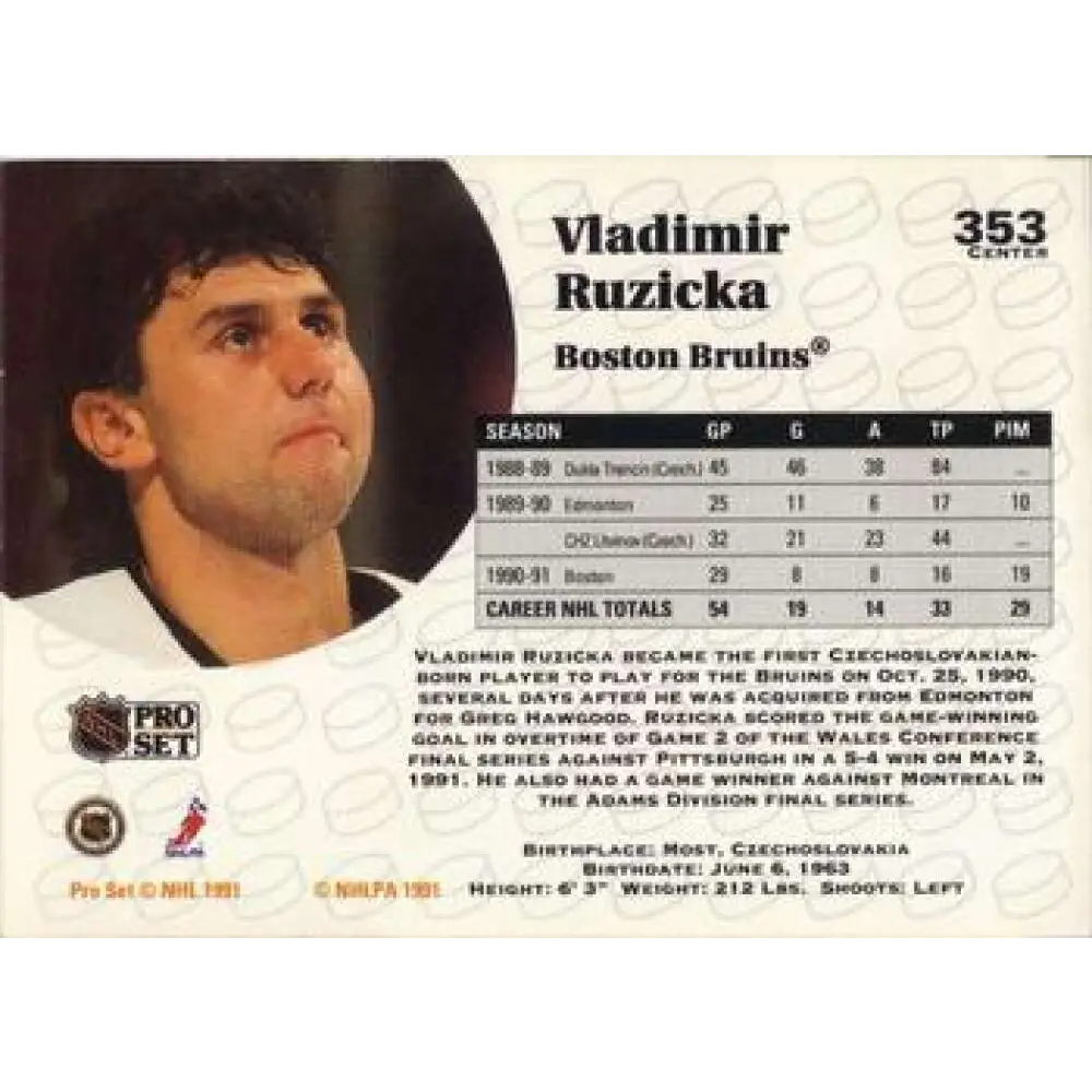1991-92 Pro Set #353 Vladimir Ruzicka NM-MT Boston Bruins Hockey Card Image 2