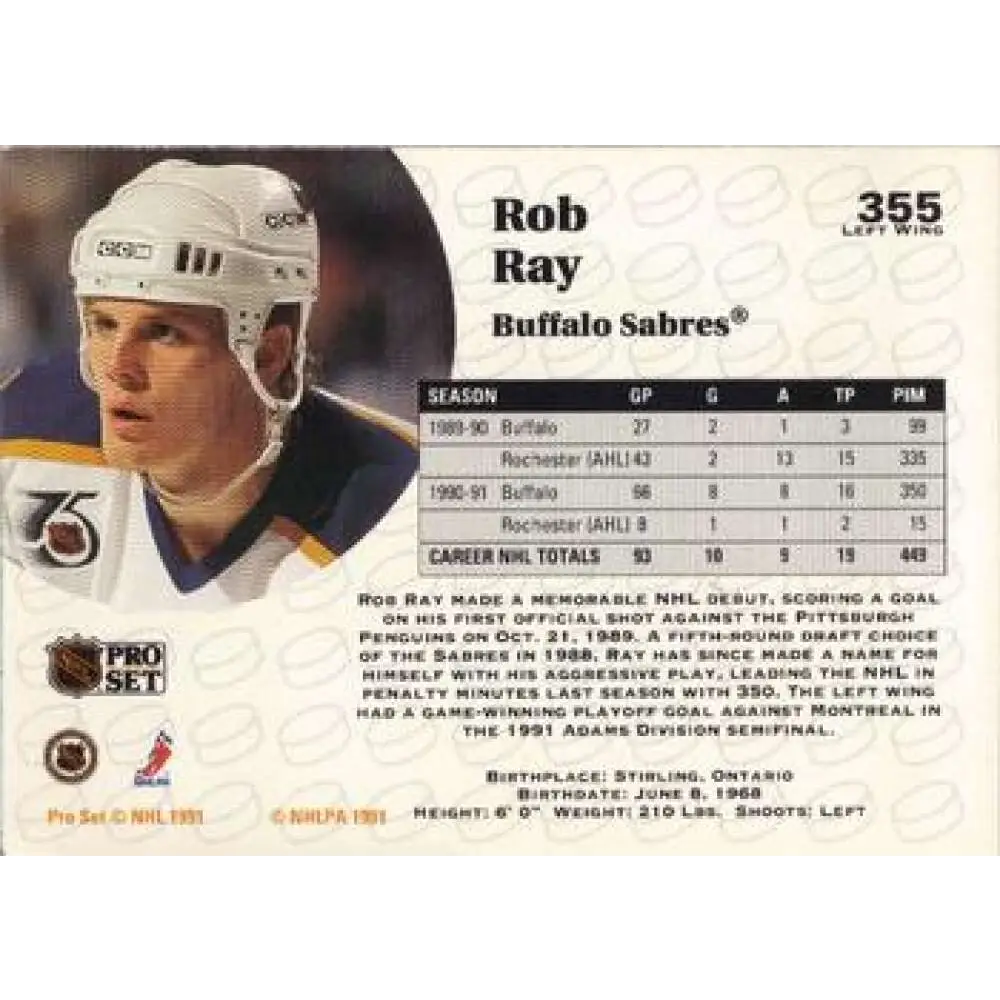 1991-92 Pro Set #355 Robert Ray NM-MT Buffalo Sabres Hockey Card Image 2
