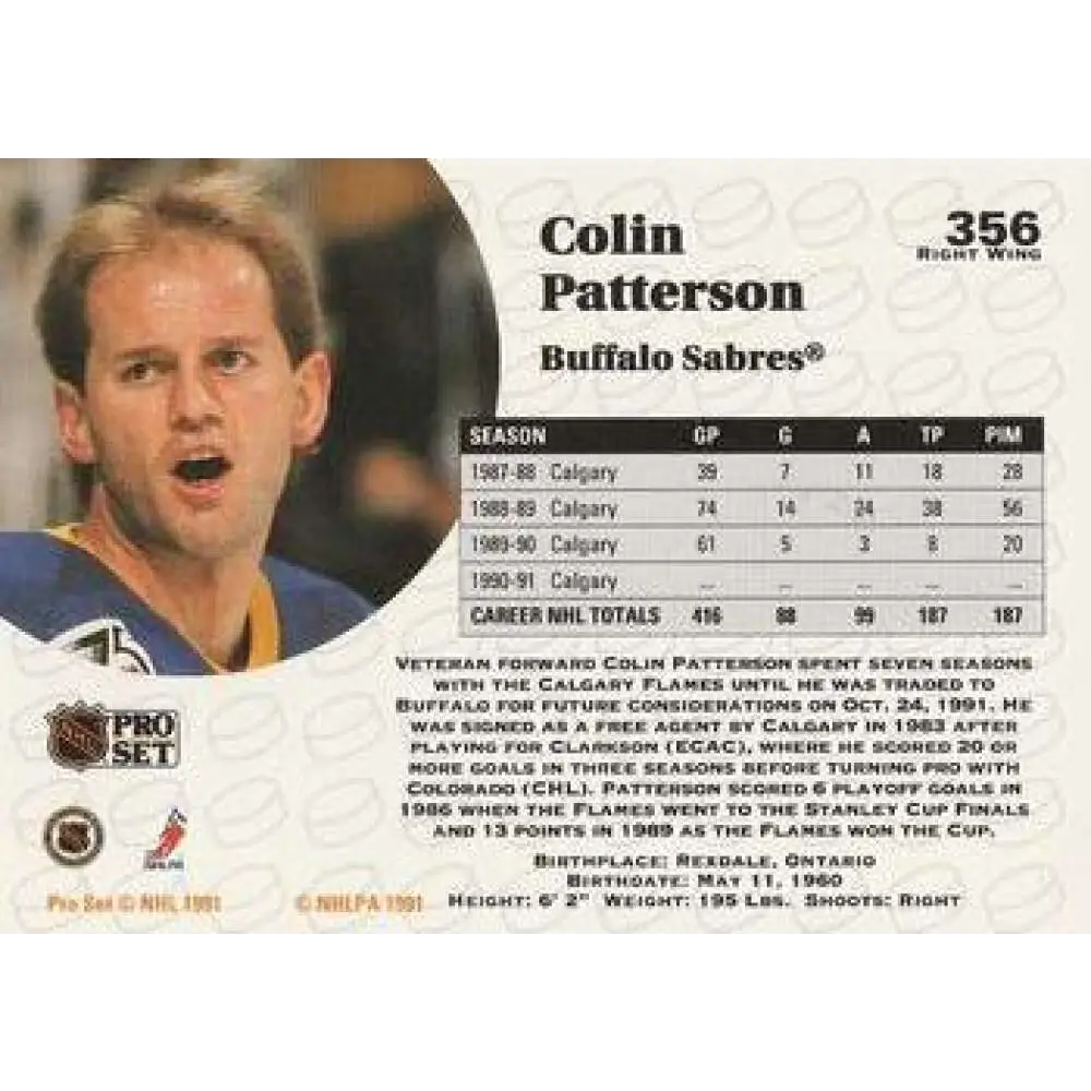 1991-92 Pro Set #356 Colin Patterson NM-MT Buffalo Sabres Hockey Card Image 2