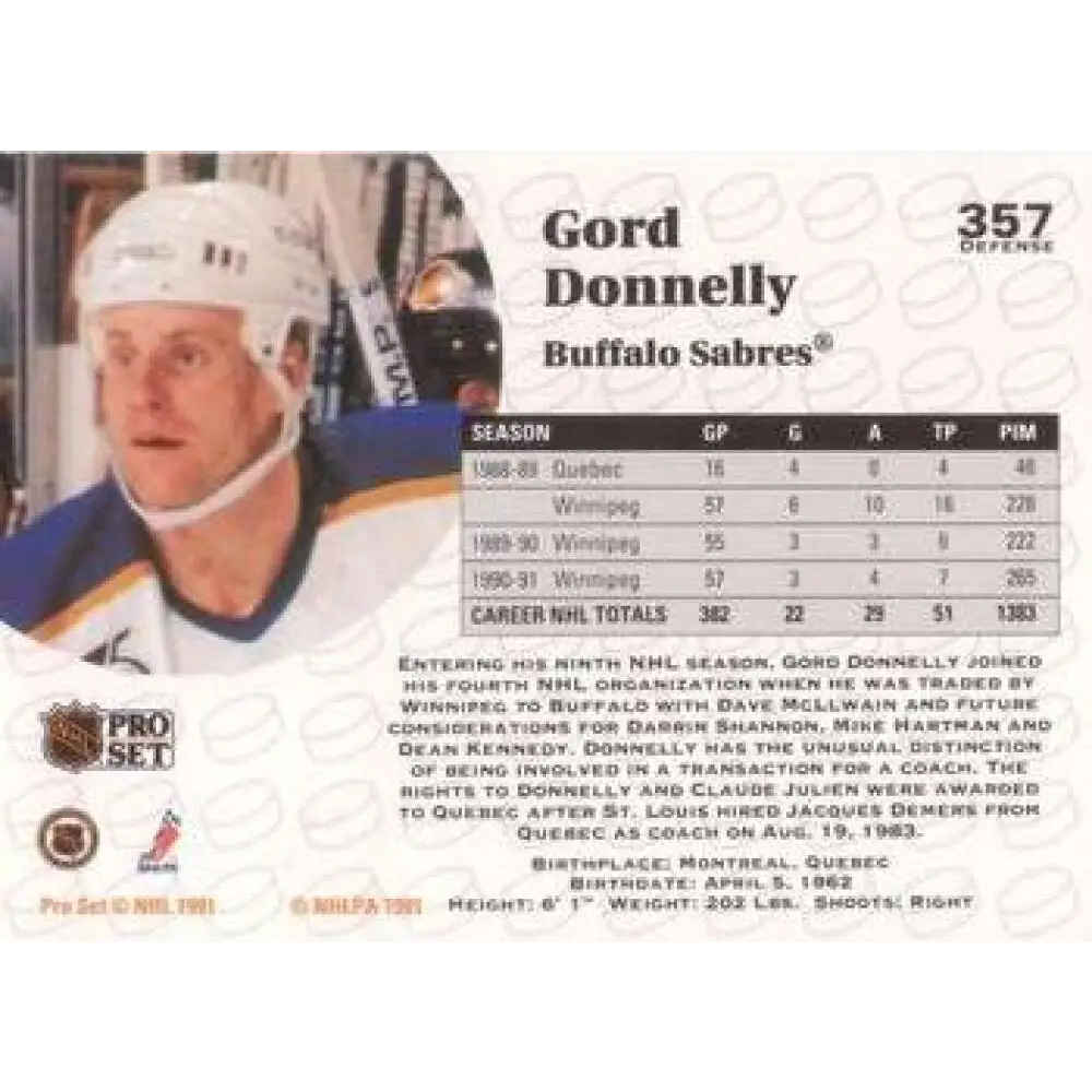 1991-92 Pro Set #357 Gord Donnelly NM-MT Buffalo Sabres Hockey Card Image 2