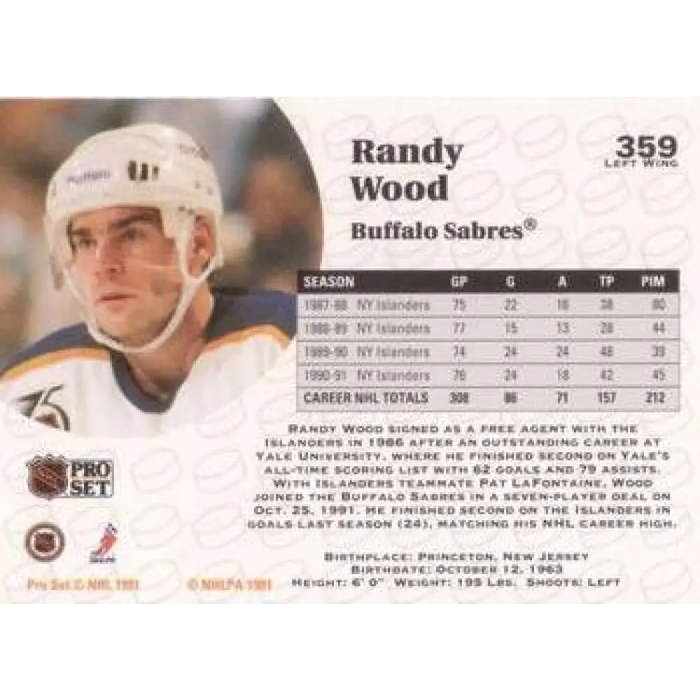 1991-92 Pro Set #359 Randy Wood NM-MT Buffalo Sabres Hockey Card Image 2