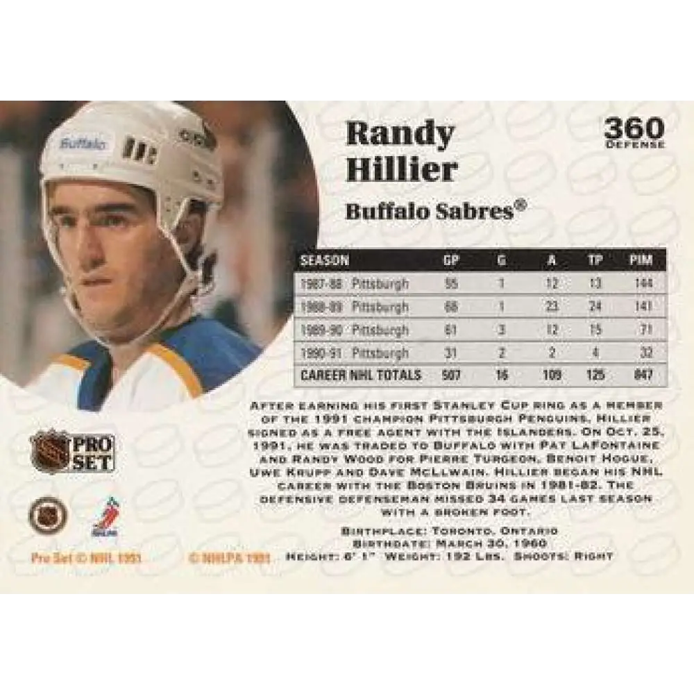 1991-92 Pro Set #360 Randy Hillier NM-MT Buffalo Sabres Hockey Card Image 2