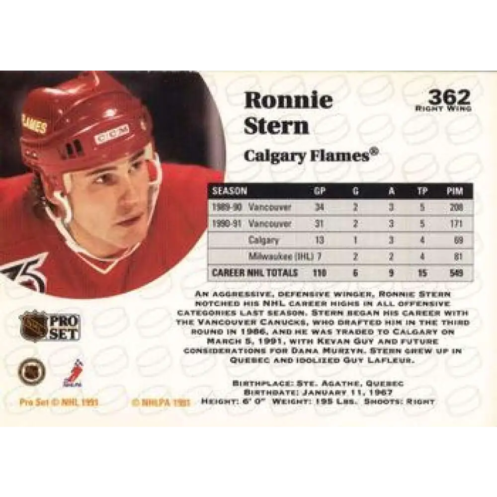 1991-92 Pro Set #362 Ronnie Stern NM-MT Calgary Flames Hockey Card Image 2