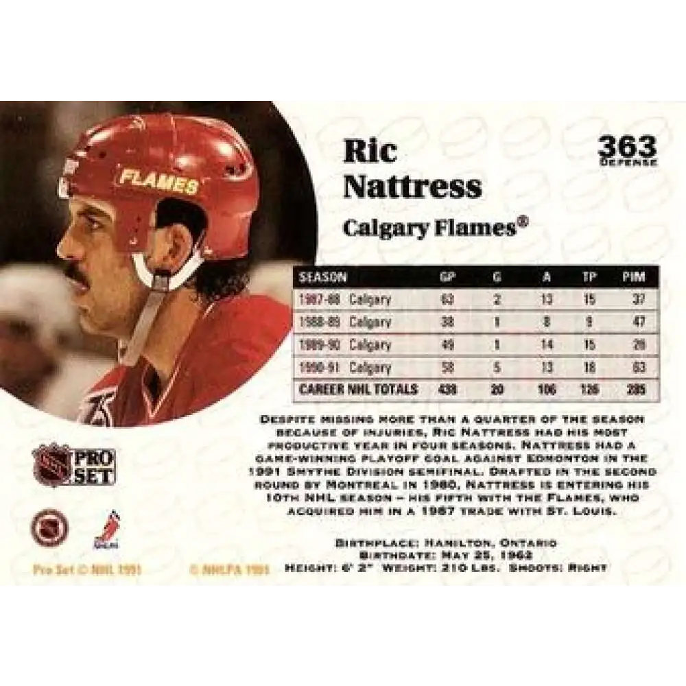 1991-92 Pro Set #363 Ric Nattress NM-MT Calgary Flames Hockey Card Image 2