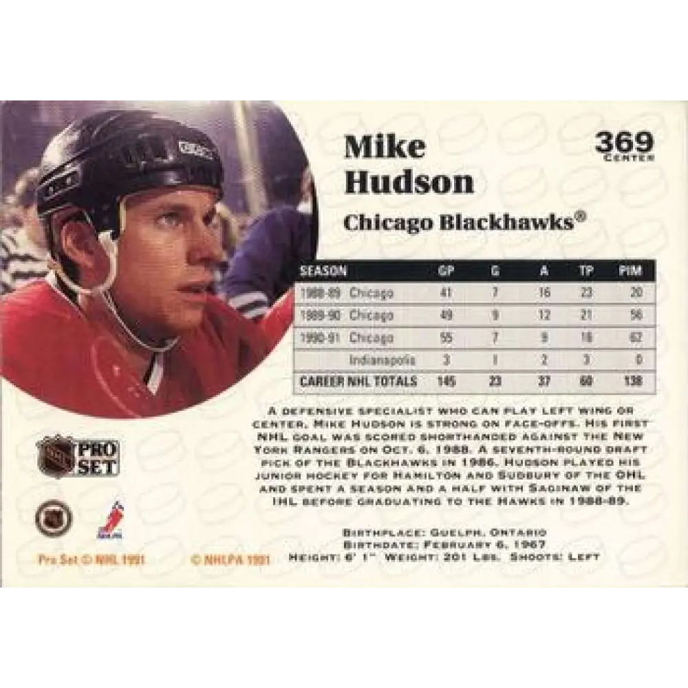 1991-92 Pro Set #369 Mike Hudson NM-MT Chicago Blackhawks Hockey Card Image 2