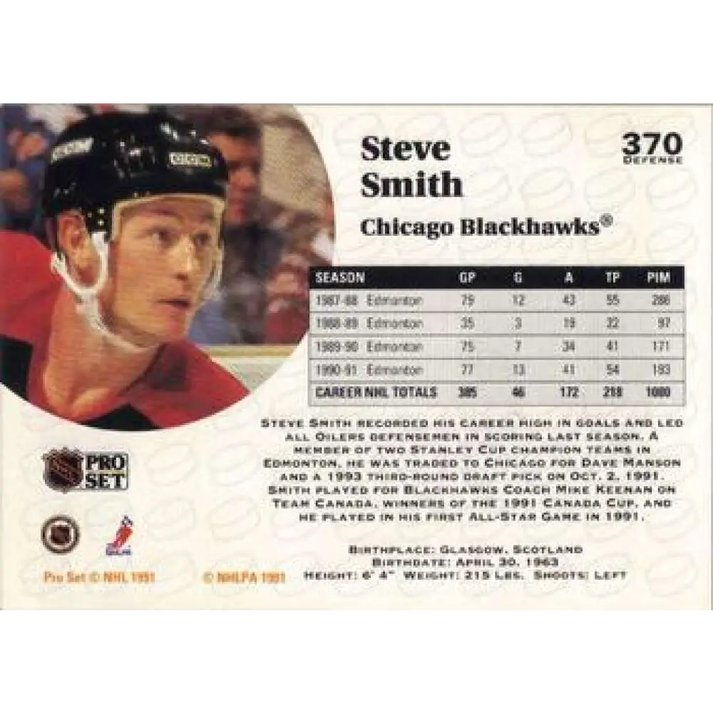 1991-92 Pro Set #370 Steve Smith NM-MT Chicago Blackhawks Hockey Card Image 2