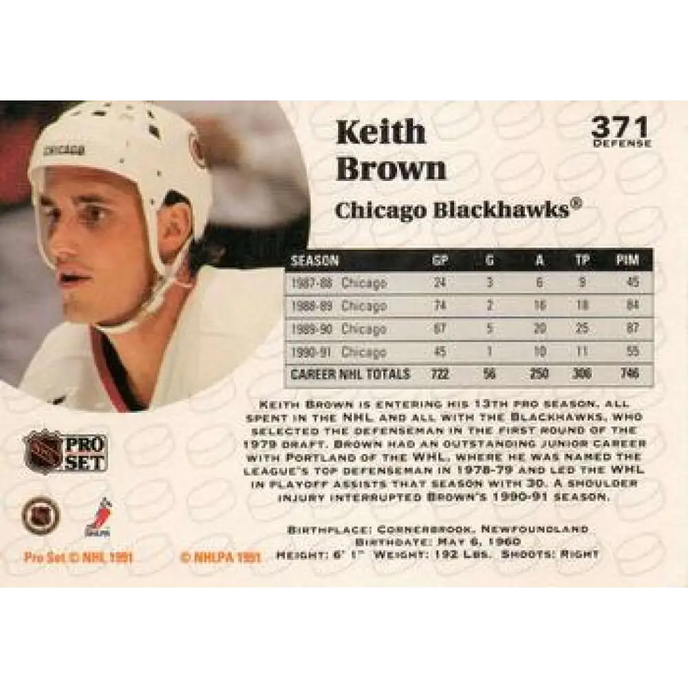 1991-92 Pro Set #371 Keith Brown NM-MT Chicago Blackhawks Hockey Card Image 2