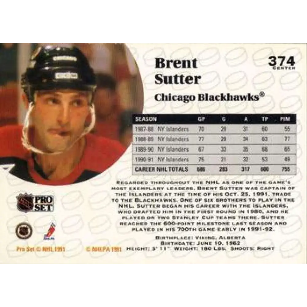 1991-92 Pro Set #374 Brent Sutter NM-MT Chicago Blackhawks Hockey Card Image 2