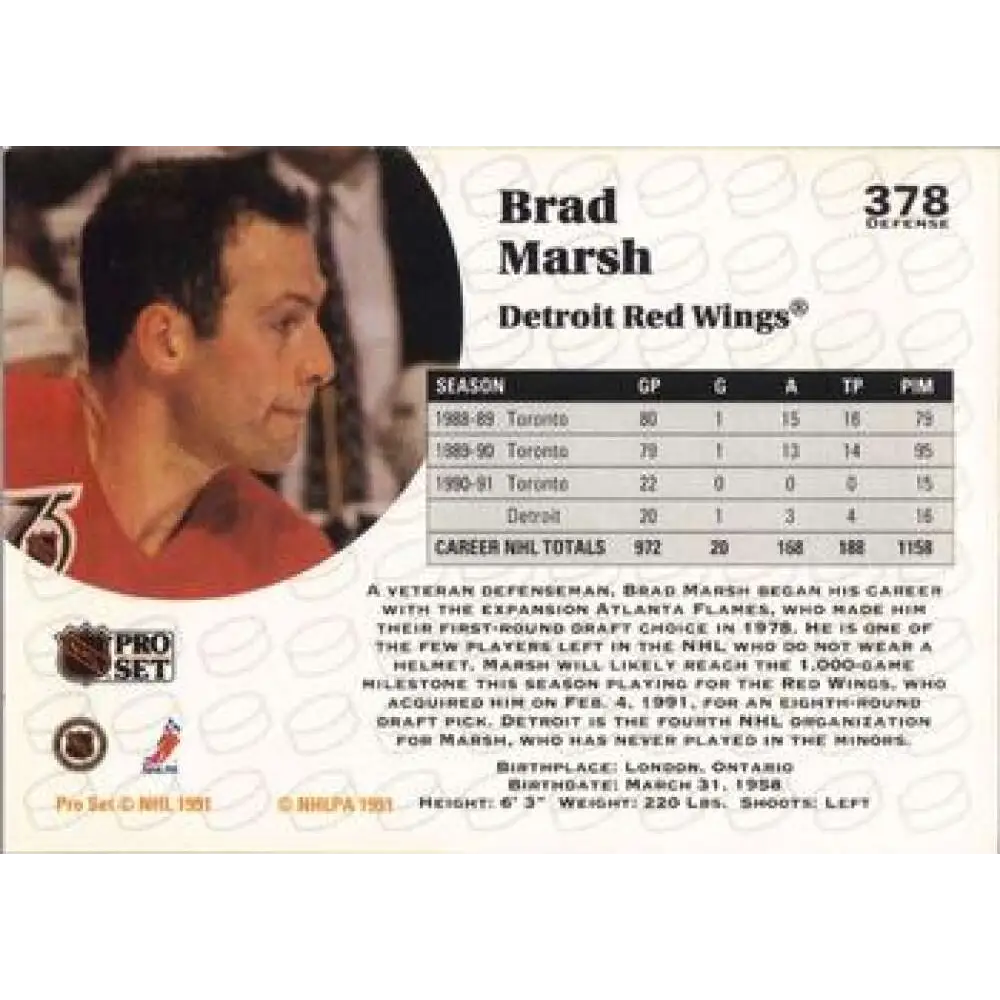 1991-92 Pro Set #378 Brad Marsh NM-MT Detroit Red Wings Hockey Card Image 2