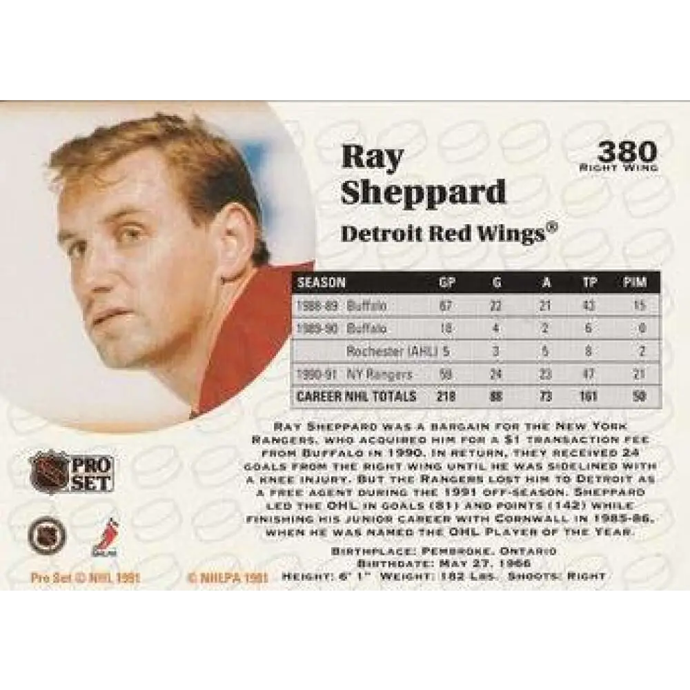 1991-92 Pro Set #380 Ray Sheppard NM-MT Detroit Red Wings Hockey Card Image 2