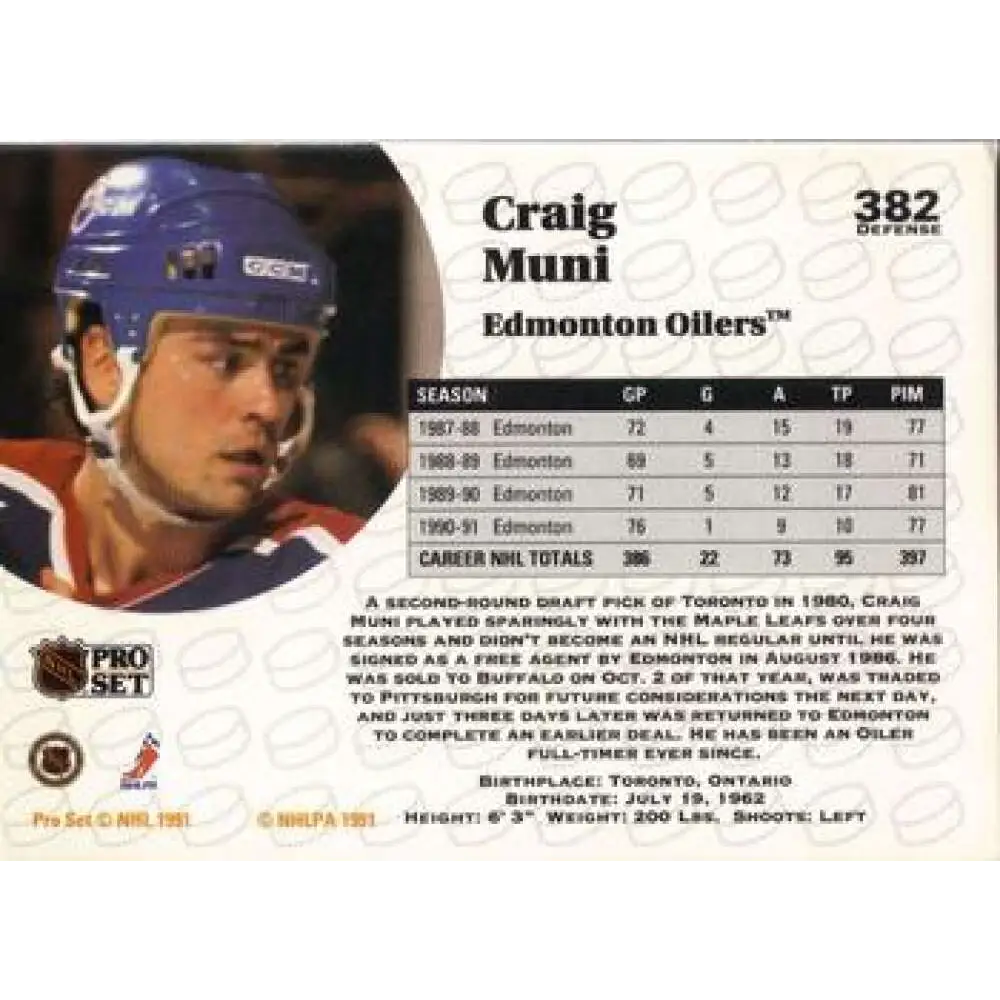 1991-92 Pro Set #382 Craig Muni NM-MT Edmonton Oilers Hockey Card Image 2