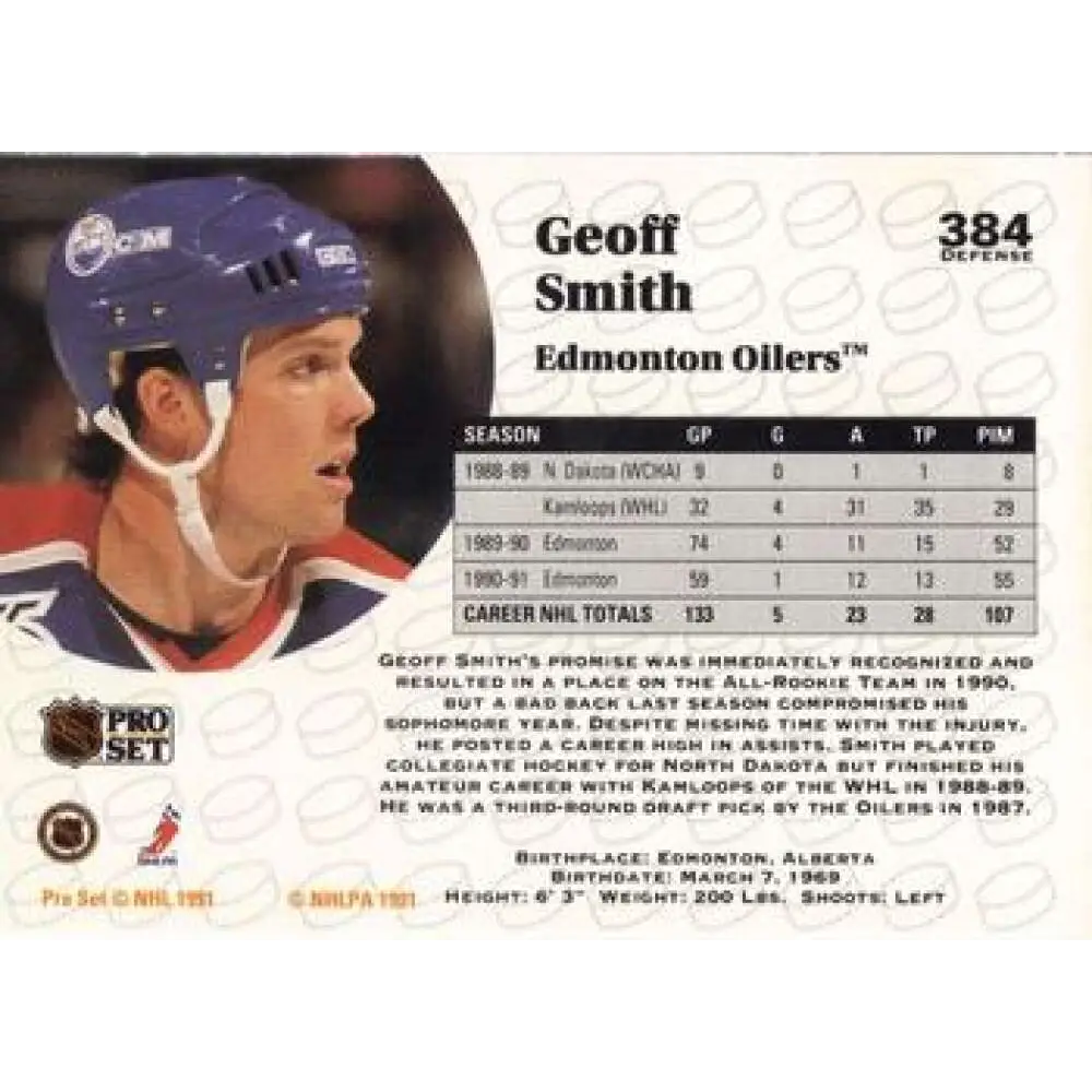 1991-92 Pro Set #384 Geoff Smith NM-MT Edmonton Oilers Hockey Card Image 2