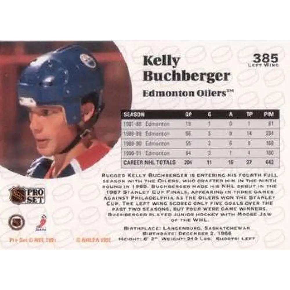 1991-92 Pro Set #385 Kelly Buchburger NM-MT Edmonton Oilers Hockey Card Image 2