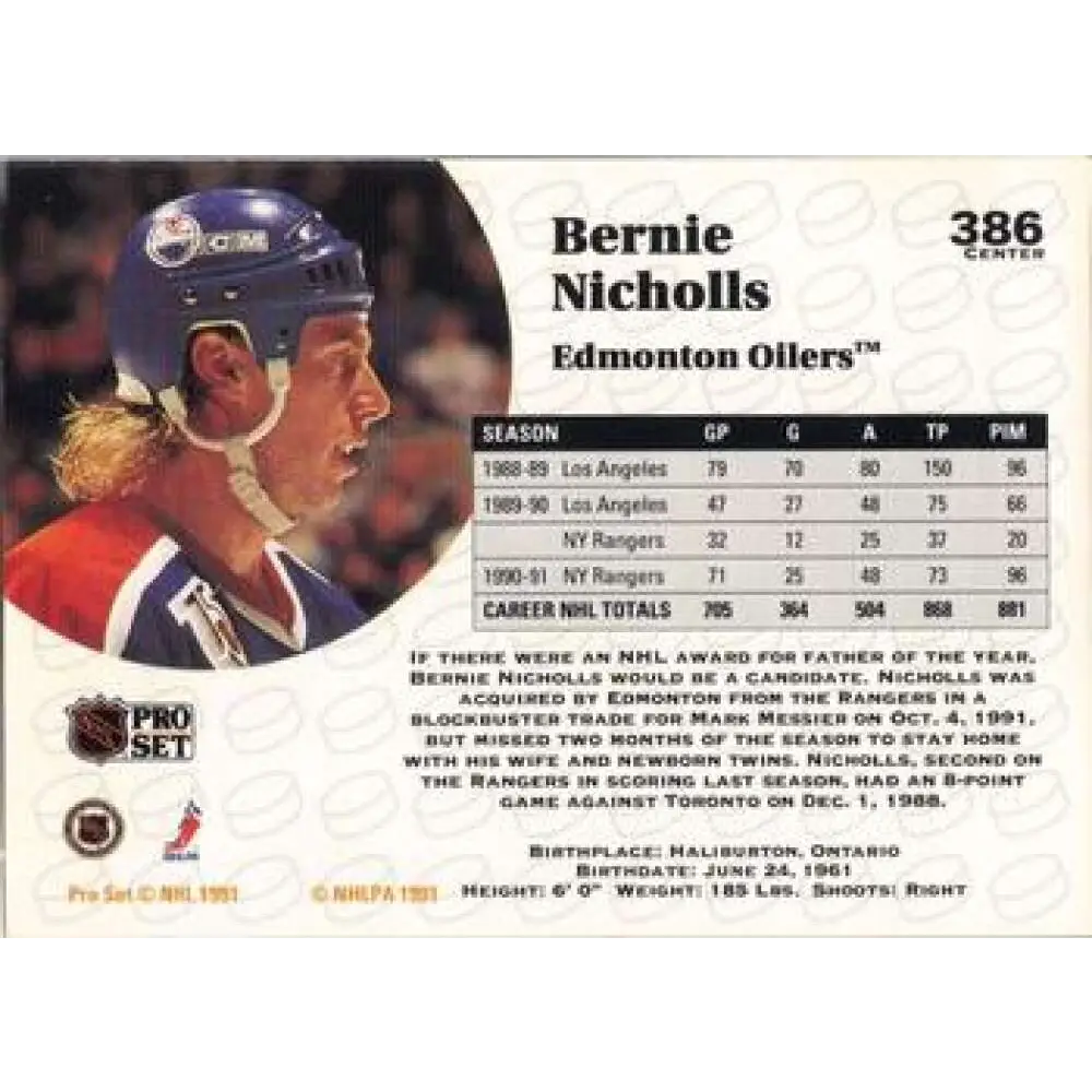 1991-92 Pro Set #386 Bernie Nicholls NM-MT Edmonton Oilers Hockey Card Image 2