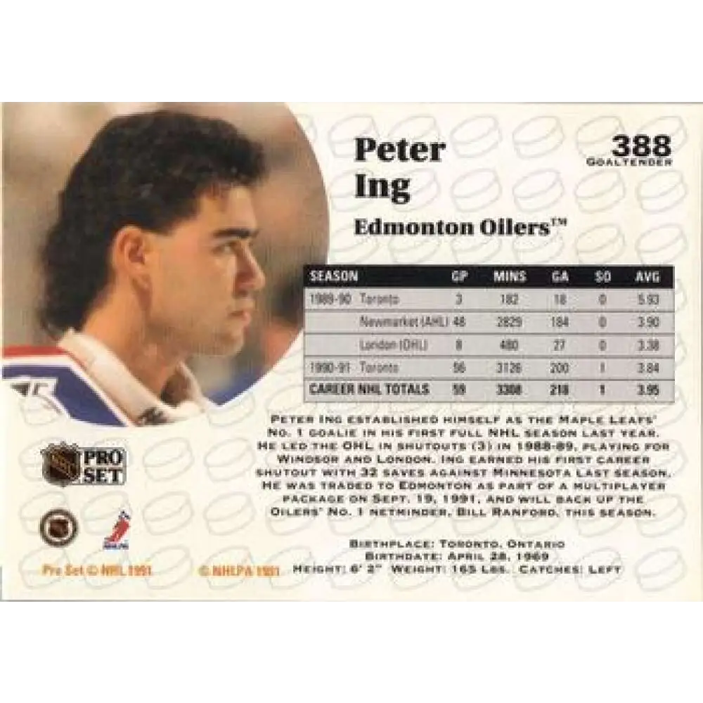 1991-92 Pro Set #388 Peter Ing NM-MT Edmonton Oilers Hockey Card Image 2