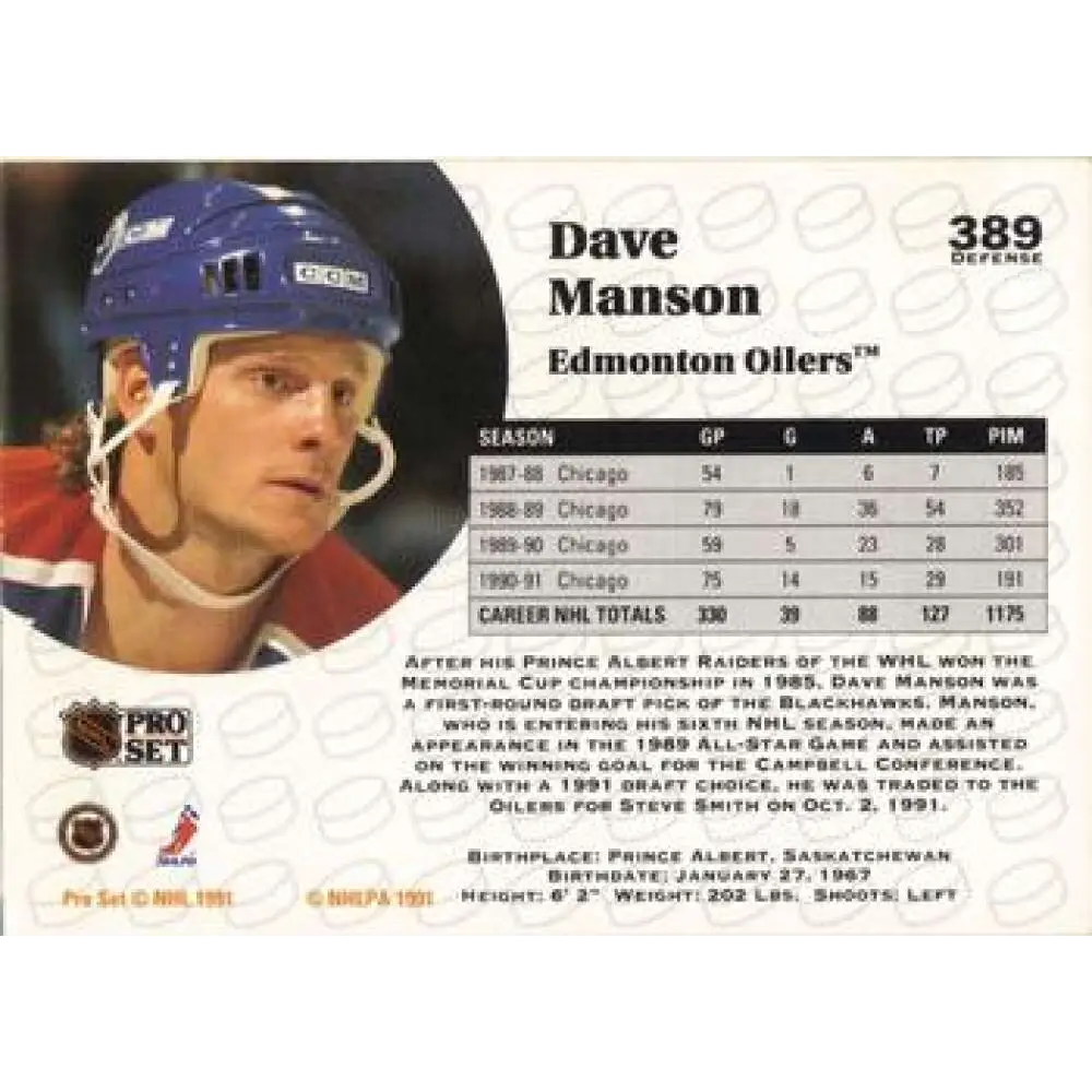 1991-92 Pro Set #389 Dave Manson NM-MT Edmonton Oilers Hockey Card Image 2