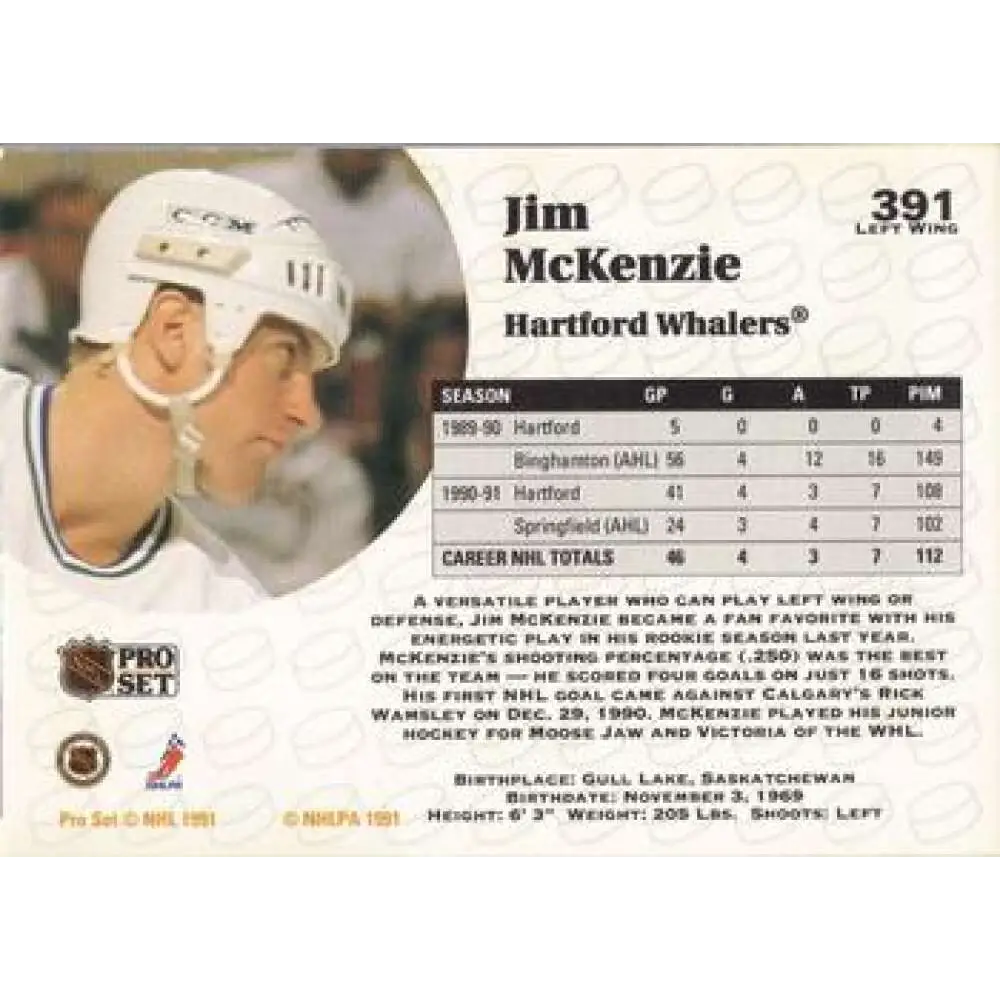1991-92 Pro Set #391 Jim McKenzie NM-MT Hartford Whalers Hockey Card Image 2