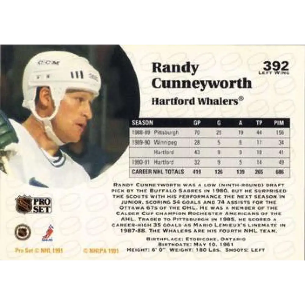 1991-92 Pro Set #392 Randy Cunneyworth NM-MT Hartford Whalers Hockey Card Image 2